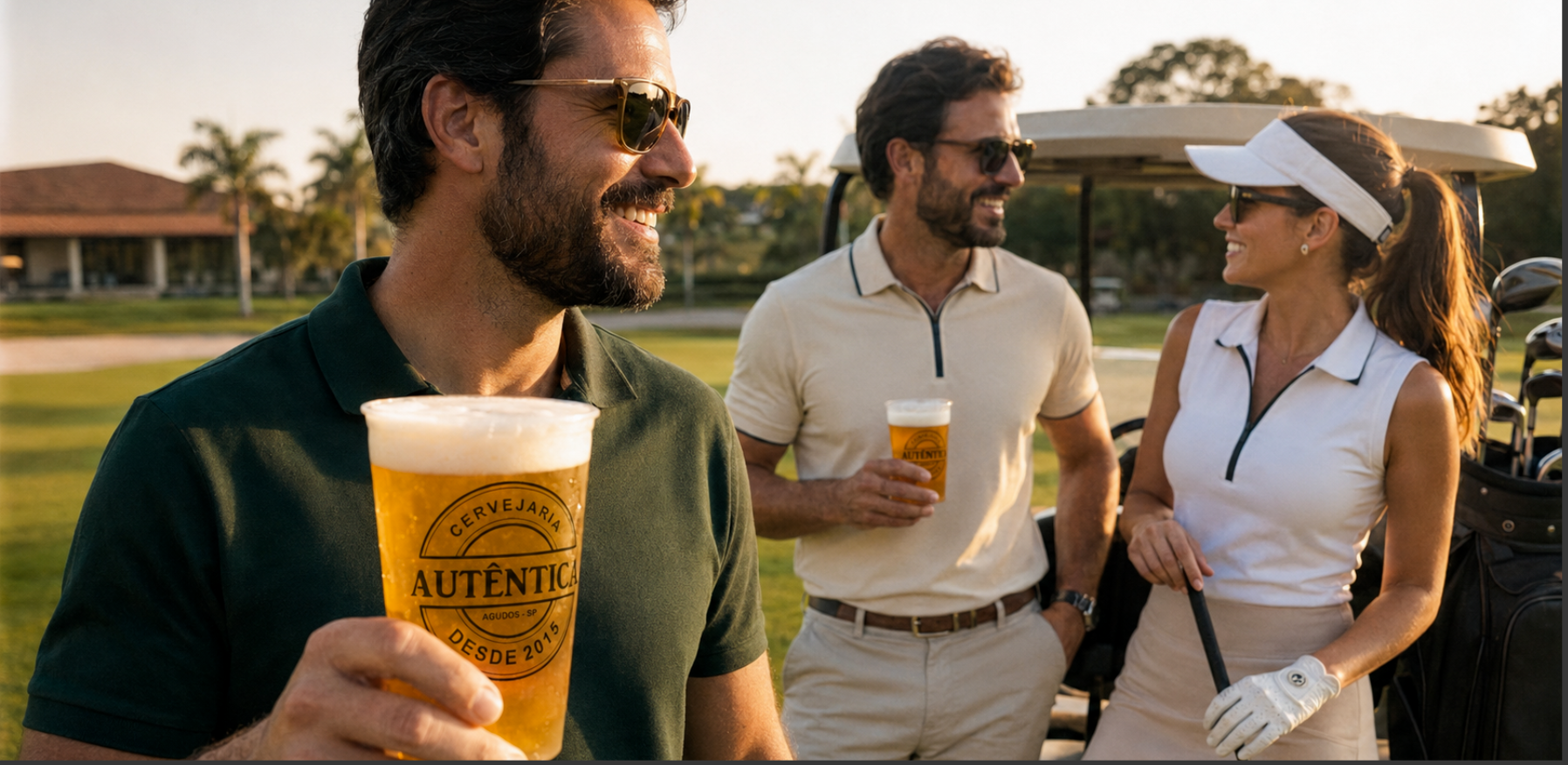 Amigos brindando com chopp Autêntica em um campo de golfe ao pôr do sol